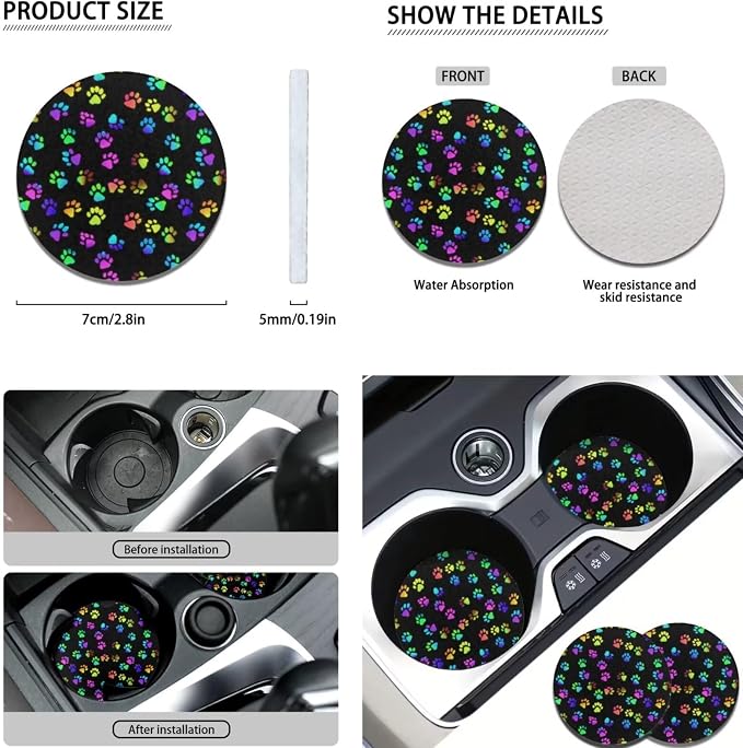 POLERO Colorful Dog Paws Car Seat Cover Sets 11pcs Cute Steering Wheel Cover Auto Seat Belt Shoulder Pads Cupholder Coasters Cute Keychains Full Set
