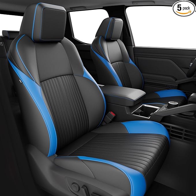 FREESOO Custom Fit Leather Tacoma Seat Covers Full Set Gen 4Th 2024-2026 Double Cab, for Sr/Sr5/Trd Prerunner/TRD Sport/TRD Off-Road/Limited, Seat Covers for Tacoma (5 Seats, BlackBlue)