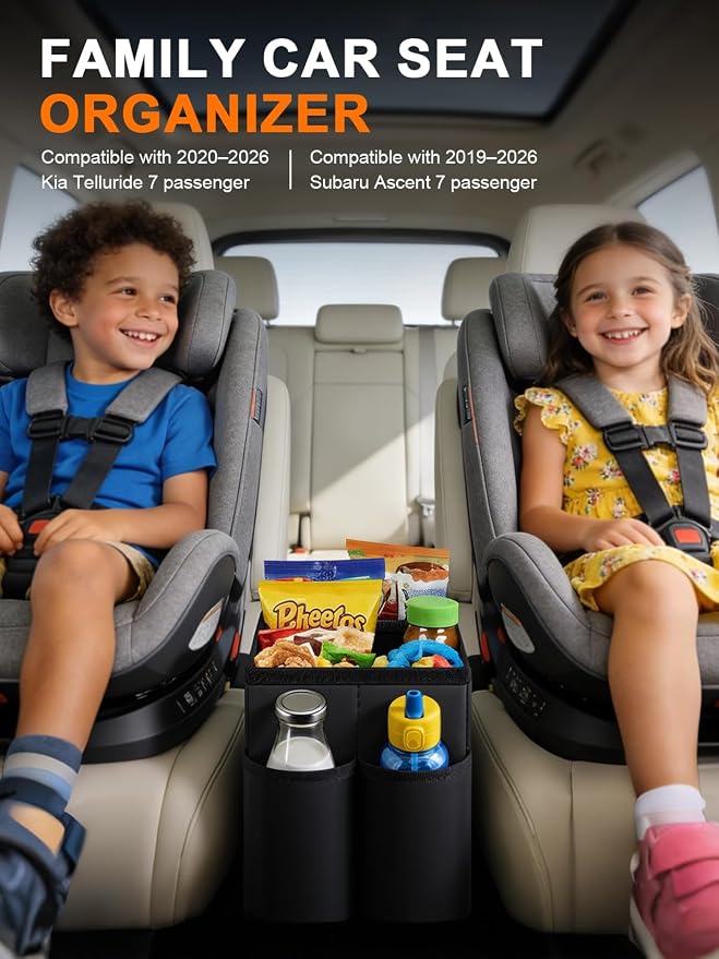 Car Seat Organizer Compatible with 2019-2026 Kia Telluride/Subaru Ascent 7 Seater, Car Seat Aisle Storage Box with 9.5L Leakproof Cooler Bag, Foldable Backseat Console Bin for Family Travel