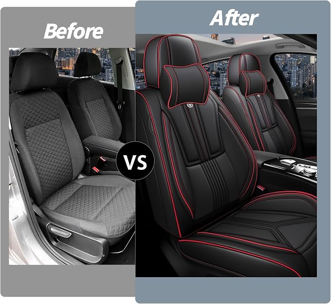 Arazi Fit for 90% of Mercedes-Benz Seat Covers, 360° Full Wrap Original Seat Cover, Waterproof Nappa Leather Seat Covers with Big Space Storage Pocket Seat Protector（2 Seats Luxury, Black&Red Line）