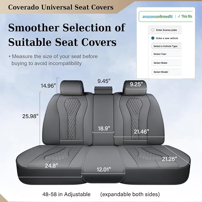 Coverado Automotive Seat Covers, Back Car Protectors, Gray Leather Seat Covers, 3-Piece Car Seat Covers for Back Seats Universal Fit for Trucks SUVs Cars