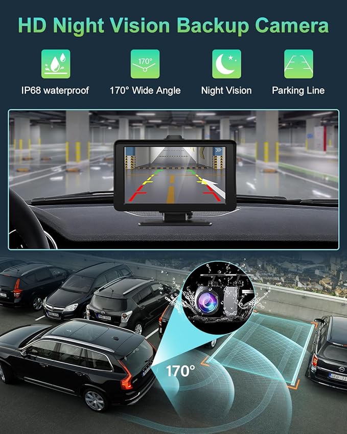 Apple Carplay Screen for Car, 7" HD Portable Wireless Apple Carplay & Android Auto Touchscreen, with 1080P Backup Camera, Car Play Screen Tablet, GPS Navigation/Mirror Link/Bluetooth/FM/Voice Control