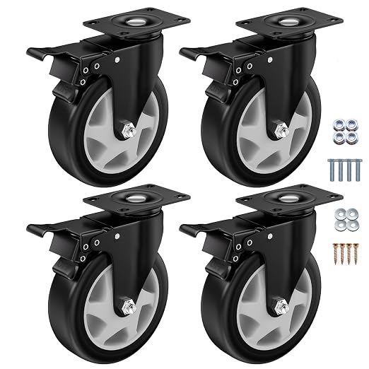 5" Heavy Duty Plate Casters, 1400 Lbs Dual Brake - Set of 4 | Black 1400 Lbs per 4 casters. 360° Swivel. Dual lock. PU won't mark floors. For workbench, furniture, cart.