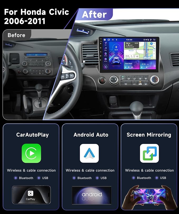 8 Core 4G+64G Car Radio Stereo for Honda Civic 2006-2011 with 10.1" 1280 * 720 IPS Touch Screen/DSP 32EQ/Wireless CarPlay/Android Auto/BT 5.0/GPS/FM/RDS/WiFi/5G LET/MirrorLink/Backup Camera