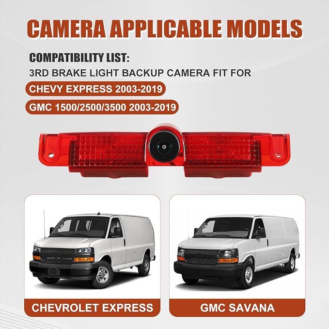 Third Brake Light Rear View Reverse Backup Camera Compatible with Chevy Express 2003-2019, 3rd Brake Light Position Mounted Reversing Lights with Backup Camera