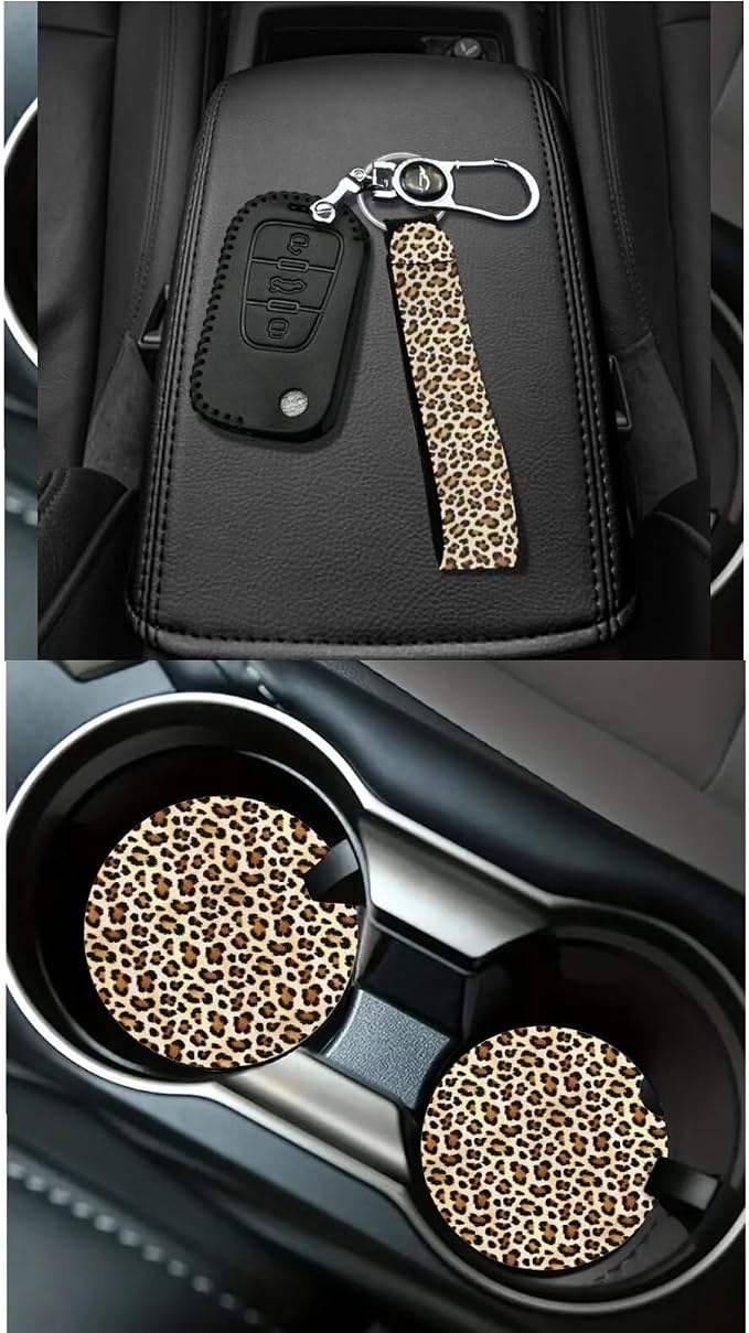 Dreaweet Leopard Print Seat Covers for Cars Front and Back,15 Pcs Cheetah Car Accessories,Leopard Steering Wheel Cover Seat Belt Pads Coasters Trash Can Vent Storage Bag Rearview Mirror Cover Keychain