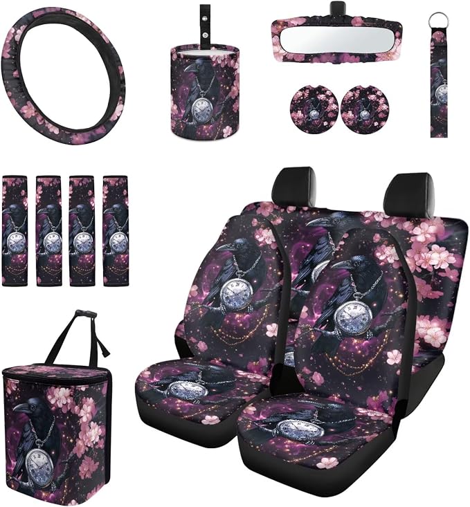 Cherry Blossoms Raven Car Seat Covers Full Set for Women Cute Car Accessories Interior Car Steering Wheel Cover Seatbelt Covers Trash Bin Rear View Mirror Cover Cup Holders Keychain