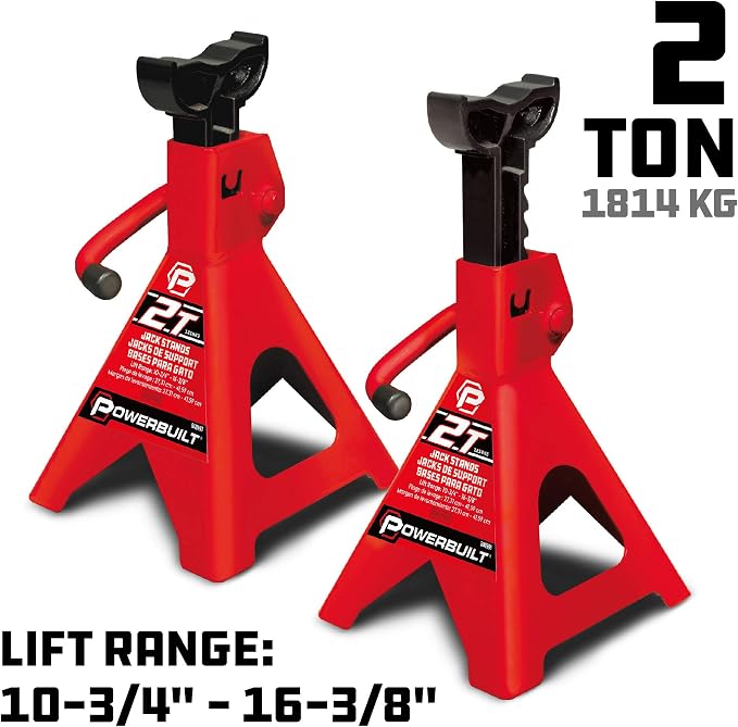Powerbuilt 2 Ton Ratchet Jack Stand Pair, 4000 Pound 2-Piece Heavy Duty Steel Stands, Wide Angle Stability, Adjustable Height - Red 640399
