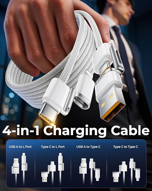 SHEZI 4-in-1 USB C Cable Compatible With Lightning Cable 60W Fast Charging & Data Transfer, Support to CarPlay & Android Auto, 5FT Travel Multi Cord Charger Combo for iPhone/iPad/Samsung/MacBook Cable