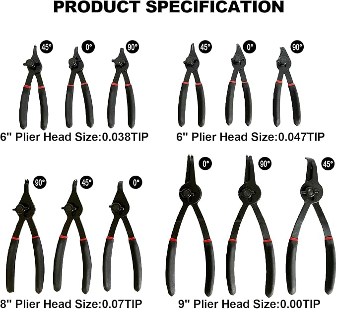 12Pcs Snap Ring Pliers Set, Straight 45 degree 90 degree Jaw Tips | Heavy Duty Internal & External Circlip Pliers, Retaining Snap Ring Pliers set, for 0.038in,0.04in, 0.07in, 0.09in