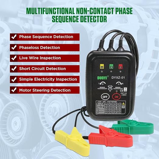 Phase Rotation Meter 3 Phase Sequence & Motor Rotation Tester, Non Contact Voltage Tester Short Detection 70V~600V AC Live Wire Inspection, with 23.62inch Cable Length,Carrying Bag