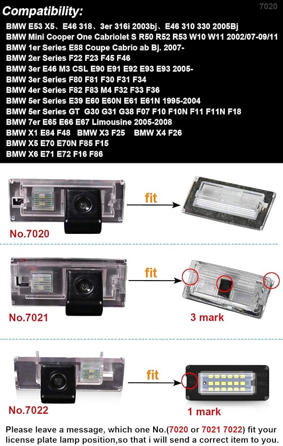 Waterproof License Plate Backup Camera,Night Vision Reversing Camera Replacement for BMW Mini Cabriolet FWD R50 R52 R53 Cooper/Cooper S/One/One D/John Cooper Works Hatchback Diesel Hatch(No.7020)
