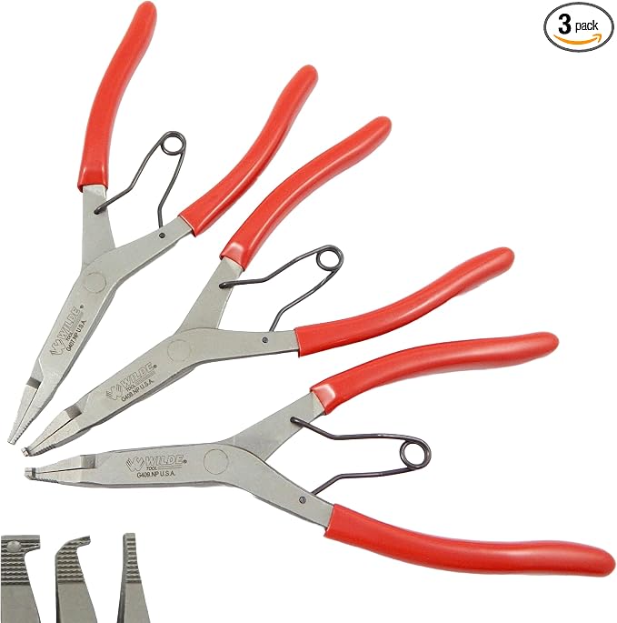 Wilde Lock Ring Plier Set 3pc Straight Right Angle and Thin Bent Curved 9" Length Made In USA G409.NP, G408.NP, and G407.NP Pliers