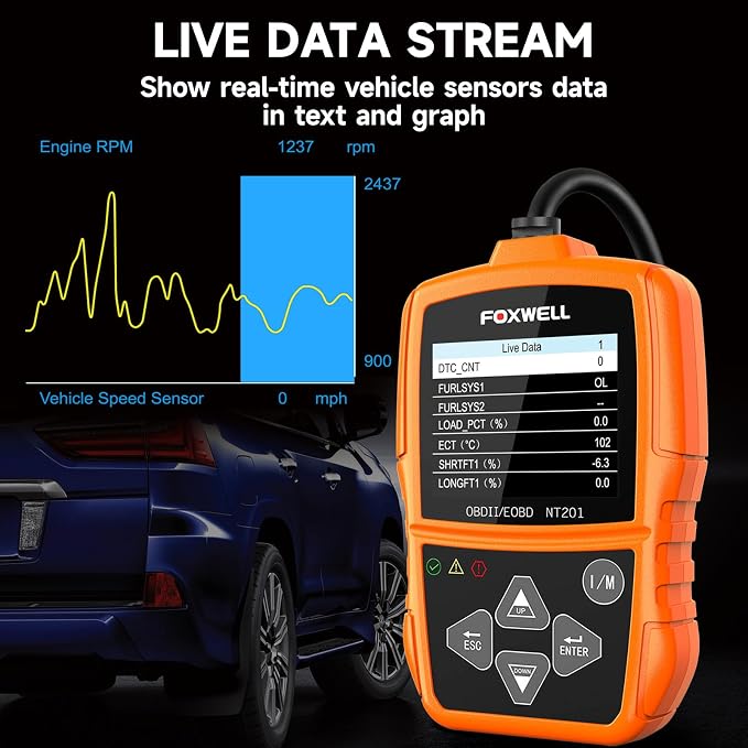FOXWELL NT201 OBD2 Scanner Code Reader for Cars and Trucks - Reset Check Engine Light, Read and Clear Fault Codes, Live Data Diagnostic Tool for All Cars Since 1996