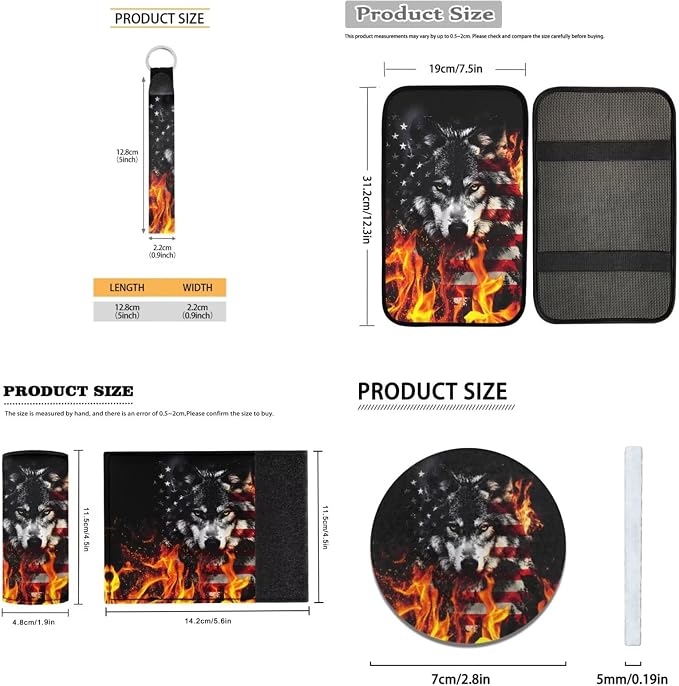 USA Flag Flame Wolf Car Interior Accessories Set of 18, Car Seat Covers Full Set with Floor Mats Steering Wheel Cover Shoulder Pads Roof Gloves Armrest Pad Cover Cup Coaster Keychains