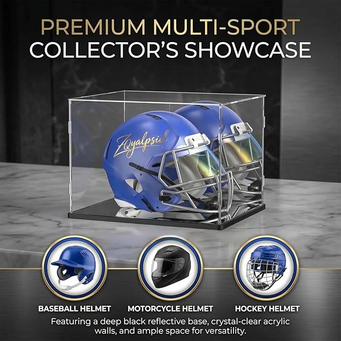 Football Helmet Display Case, Clear Acrylic Display Box for Full Size Football & Baseball Helmets, Mirrored Back & Bottom, Black Base, Dust-Resistant Showcase, 14.9" x 11.8" x 11.8"