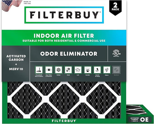 Filterbuy 14x14x1 Air Filter MERV 10 Odor & Allergy Defense with Activated Carbon (2-Pack), Electrostatic Pleated HVAC AC Furnace Filters Replacement (Actual Size: 13.75 x 13.75 x 0.75)