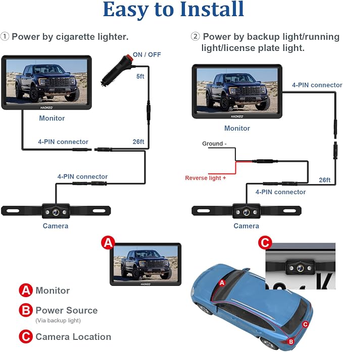 Wired Backup Camera for Truck 7 Inch Monitor Kit Easy to Install in 15 Minutes Starlight Night Vision for Backing Up, HD 2K Rear View Camera with Monitor for Cars Trucks SUVs