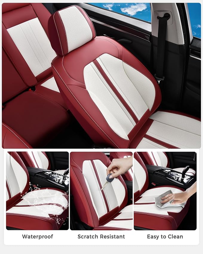 Huidasource Red White Front Seat Cover, Luxury Faux Leather Front Car Seat Cover Front Seats, Compatible with Airbags, Cooling＆Heating, Universal Fit for Most Cars, Vans, Trucks, SUVs, Red＆White