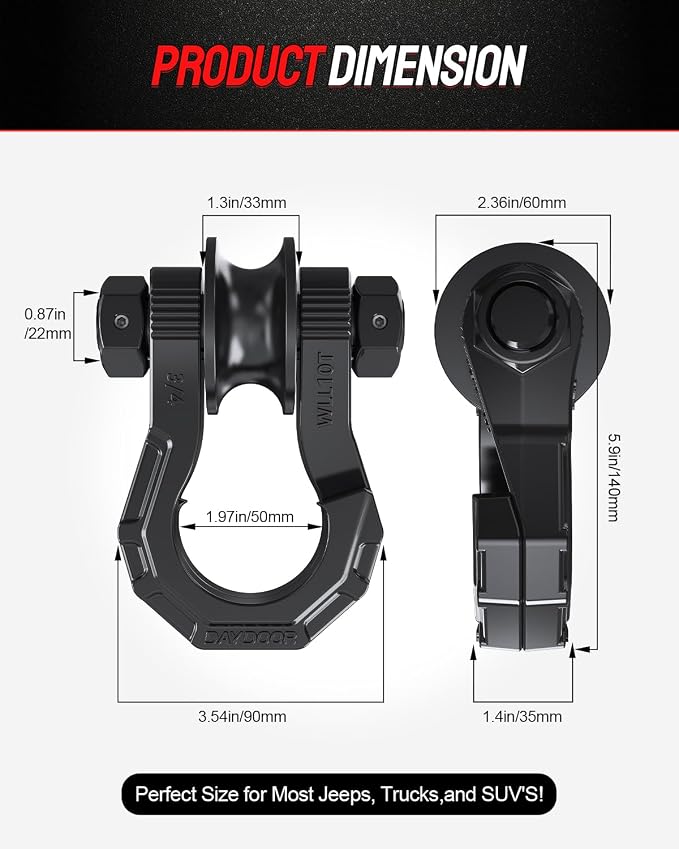 DAYDOOR D Ring Shackles with Snatch Block, 45,000Lbs Break Strength Towing Winch Shackle, 3/4" Heavy Duty Shackles with 7/8" Screw Pin for Off Road Vehicle Recovery(2 Pack, Black)