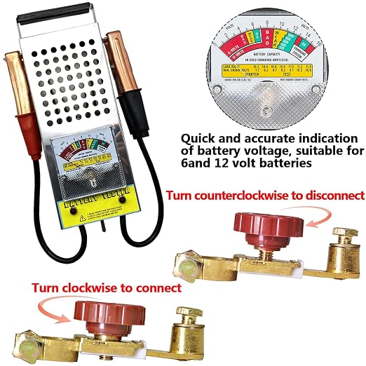 Battery Load Tester, Alternator Load Tester 12V 6V with Voltmeter Alligator Clips, Top Post Battery Disconnect Switch for Car, RV, Truck, Marine, Boat