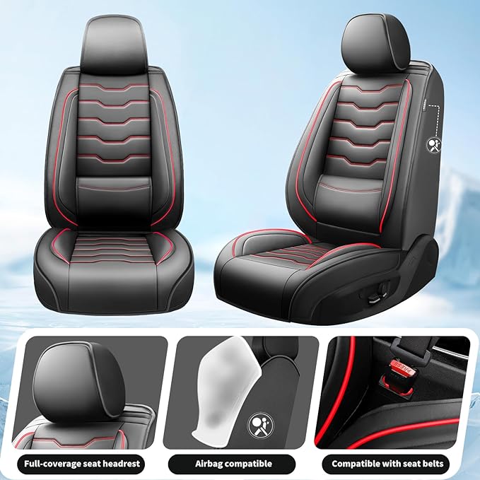 Fit Frontier Car Seat Covers Premium Leather for Nissan Frontier 2012-2025 2026. Waterproof， Anti-Slip, Scratch-Resistant & All-Weather Seat Cushion Protector (Full Set, Red Line Black)