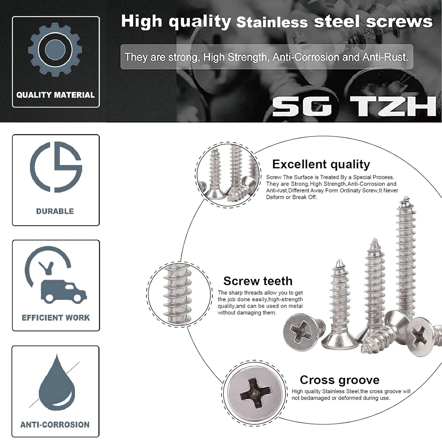 #10 x 3/4" Wood Screw 100Pcs 18-8 (304) Stainless Steel Screws Flat Head Phillips Fast Self Tapping Drywall Screws by SG TZH