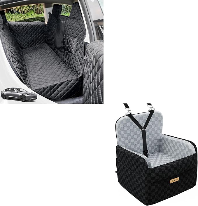 PETICON Dog Seat Covers for Tesla Model 3 & Y Back Seat with 2 Pack Door Protectors+Waterproof 6in Memory Foam Dog Car Seat for Small Medium Dogs