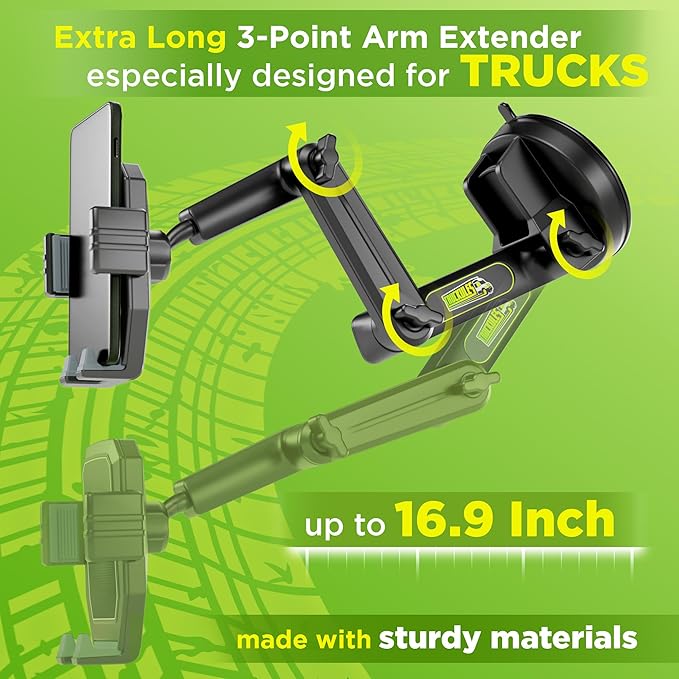 Cell Phone Mount for Truck Phone Holder for Truck Drivers - Heavy Duty Suction Cup, iPhone Holder for Dashboard Window 16.9 inch Long, for iPhone & Samsung, Semi Trucker, Gray