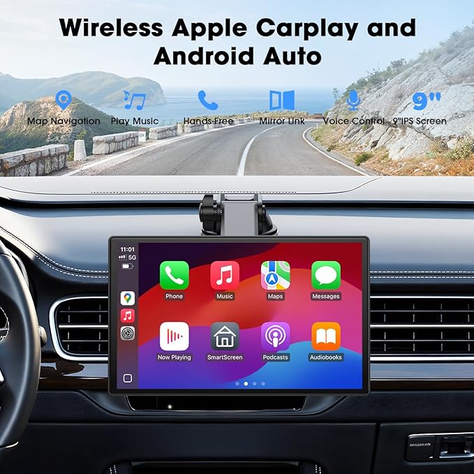 Topexplore Carplay Screen for Car, 9'' Wireless CarPlay & Android Auto- Upgrade Portable Touchscreen with Bluetooth, Mirror Link, Voice Control, Hands-Free Calling,Plug & Play Car Play Screen