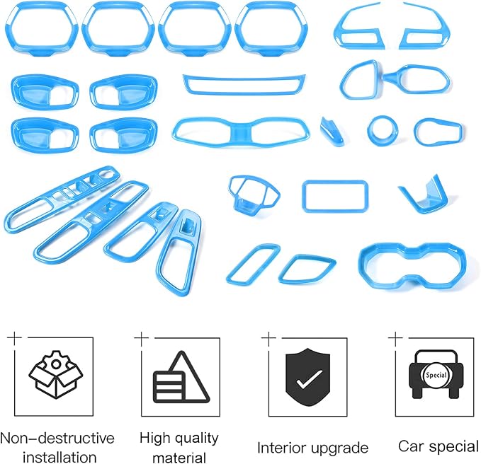 CheroCar 31 PCS Full Set Interior Decoration Trim Kit Steering Button Cover Door Handle Cover Air Outlet Cover Cup Holder Gear Cover Trim Door Speaker Cover for Jeep Renegade 2016-2018,Ligth Blue…