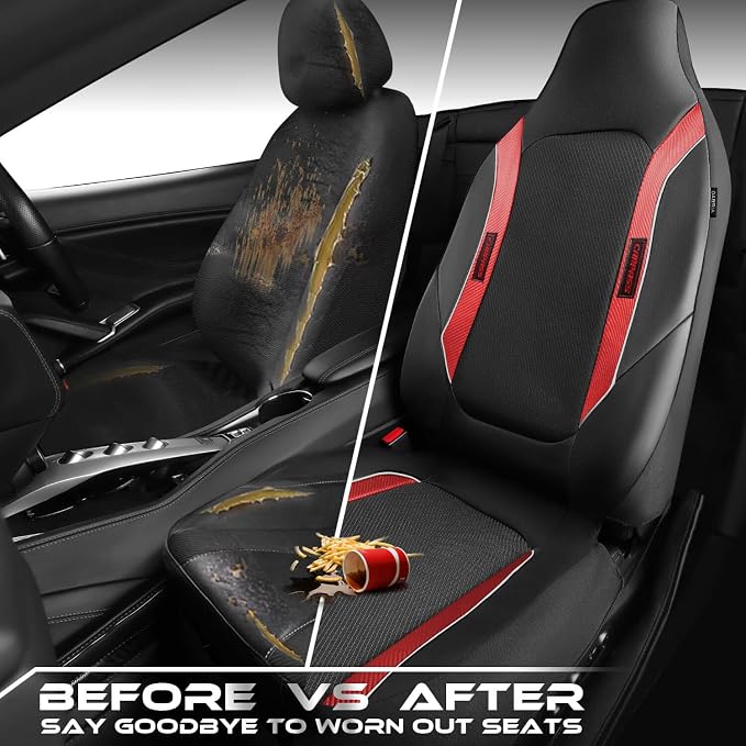 CAR PASS Sporty High Back 3D Oxford Waterproof Car Seat Cover Two Front, Universal Carbon Fiber Leather Bucket Seat Cover All Weather, Airbag Compatible Fit Sports Car SUV Sedan Truck Black Red