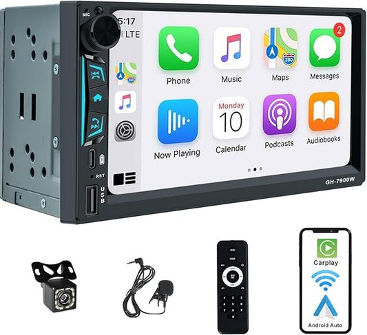 Double Din Car Stereo 7 Inch Touchscreen Compatible with [Wireless] Apple CarPlay/Android Auto Bluetooth FM Radio USB Type-C Backup Camera