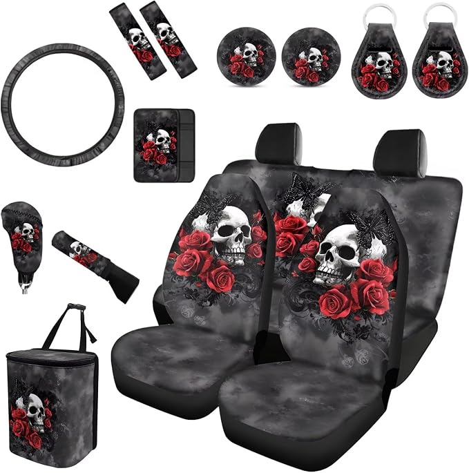 Forchrinse 15Pcs Skull Rose Car Seat Covers for Women Dark Gothic Auto Interior Set with Steering Wheel Cover,Armrest Seatbelt Pads,Car Garbage Can,Coaster,Universal Fit