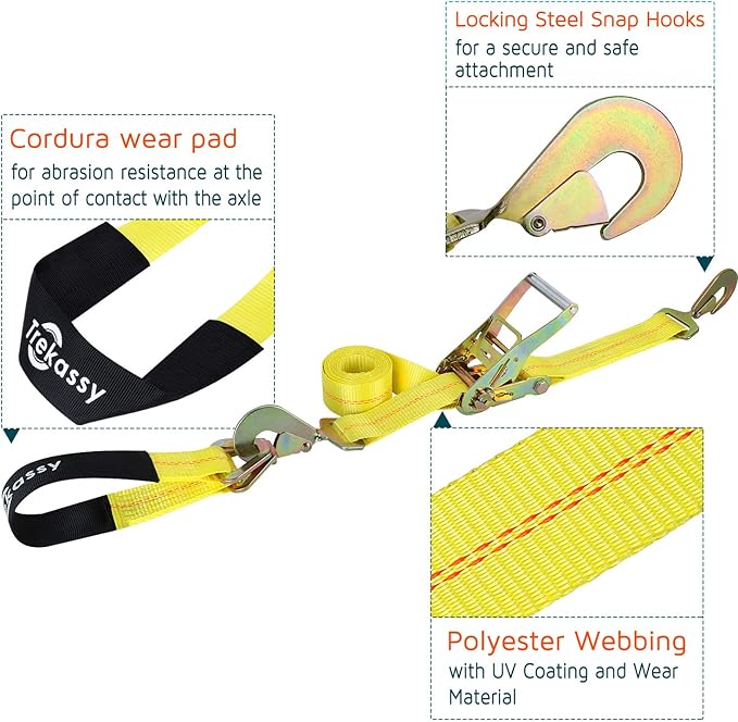 Trekassy Car Tie Down Straps for Trailers, 2 Inch x 96 Inch Heavy Duty Car Hauler Ratchet Straps, 4 Pack Axle Straps, 10,000lbs Break Strength
