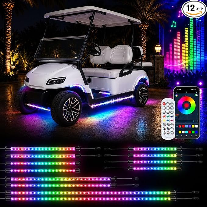 Roykaw Golf Cart Underglow LED Strip Lights Accent Neon Lighting Kit w/Wheel Well & Interior Lights for EZGO Yamaha Club Car, Million Colors/Waterproof IP68/Sync to Music, Fits 12V - 80V, 12 PCS