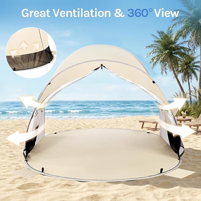 Wolfwise Pop up Beach Tent Sun Shelter with UPF50+ UV Protection, Instant Easy Setup Popup Beach Shade Canopy for 3 Person, Portable & Foldable with Carring Bag, 87 ×57×47 in, Beige