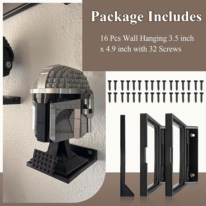 16 Pcs Black Wall Mount Display Stand Fits Lego Helmet, Wall Mount Display Shelf, Compatible with All Standard Lego Helmets, Boba Fett 75277/Tie Fighter Pilot 75274/Stormtrooper 75276