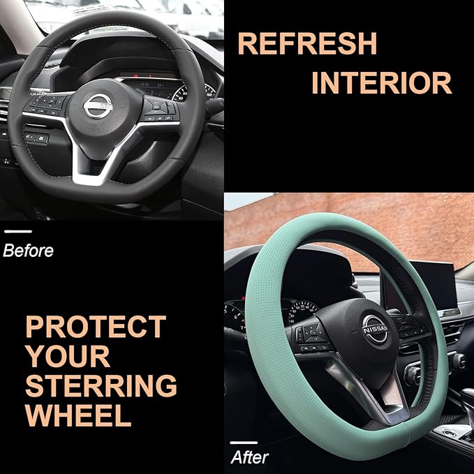 PINCTROT D Shaped Nappa Leather Steering Wheel Cover, Slim Fit No Bulk Design, One Piece Leather with Breathable Perforation, Fit Like Gloves, Flat Bottom 14.5-15 Inch(Nappa Mint)
