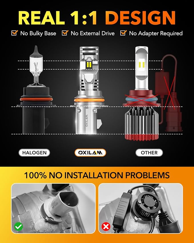 OXILAM 9007 LED Bulbs, 10X Ultra-Brighter Than Halogen, 1:1 Halogen Size 9007 Fog Lights, Wireless Plug and Play, 20 Years Lifespan, No Flicker, 99% Compatibility, Pack of 2