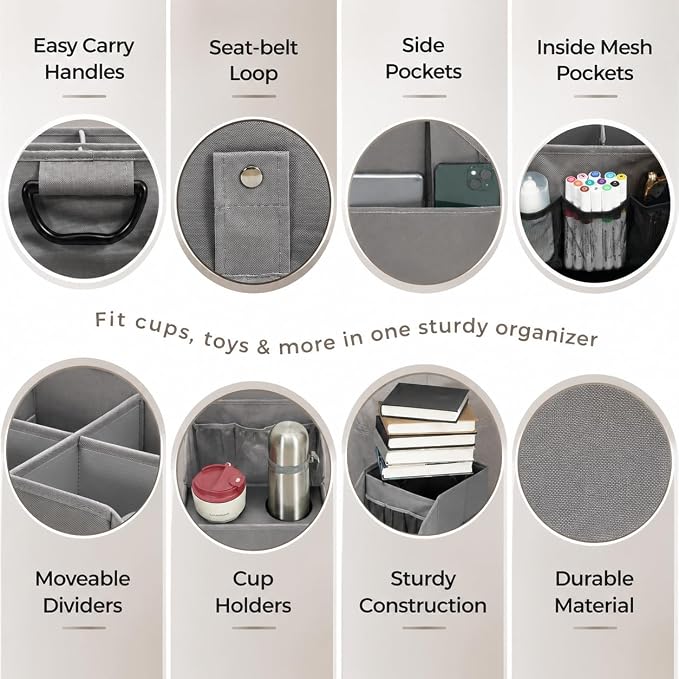 CROS 4 Pack Car Seat Organizer with Metal-Reinforced Cup Holders, 12 Storage Compartments Backseat Car Organizer, Travel Essentials for Kids Toys & Snacks, Non-Slip Seat Storage for SUV, Truck, Gray