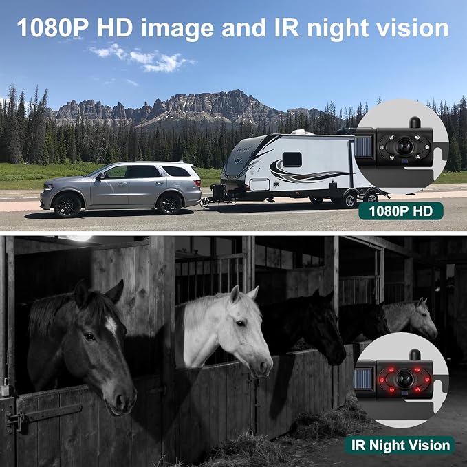 1080P Solar Wireless Backup Camera with 5in Monitor, 5000mAh Rechargeable Battery and Solar Panel, IP69K Waterproof, IR Night Vision, Support 2 Cameras, for Car, RV, Trailer, Camper (0092)