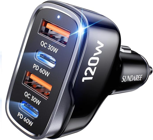 USB C Car Charger, 120W 4 Ports Super Fast Car Charger Adapter, Dual USB-C & USB-A PD60W/QC30W Fast Charging Cigarette Lighter for iPhone 17/16/15/14/13, Samsung Galaxy S25 Ultra/S24, Pixel, Android