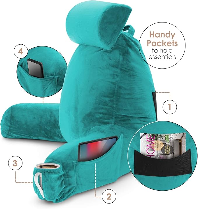 Nestl Reading Pillow with Shredded Memory Foam Includes 2 Neck and Lumber Support Pillows, Designed for Sitting Up in Bed and Couch, Back and Arms Adjustable Support for Adult & Teens, Teal