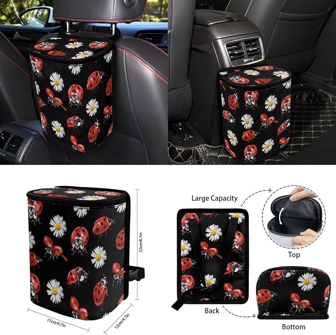 15 Pcs Dasiy Ladybug Car Seat Cover Full Set for Women with Car Steering Wheel Cover Seat Belt Cover Trash Bin Front Rear View Mirror Car Cup Holder Keychain