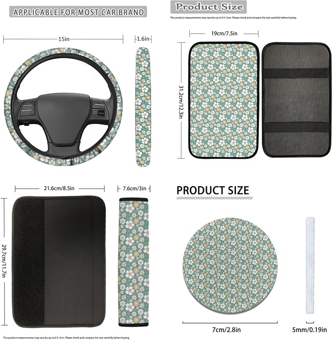 Vintage Groovy Flower Car Seat Covers Set for Women Men,Green 70S 80S Floral Cute Steering Wheel Cover for Cars,Universal Fit Seatbelt Pads Armrest Cushion Keychains