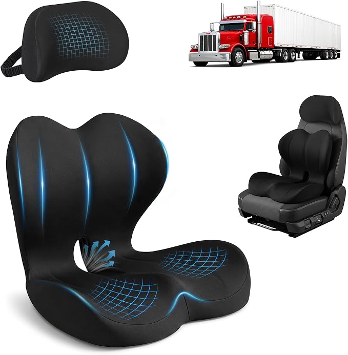 Truck Seat Cushion and Headrest Set for Long Driving - Memory Foam Car Seat Driver Cushion for Tailbone, Back & Sciatica Pain Relief, Ergonomic Lumbar Support for Semi Truck - Black