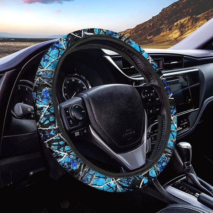 Xoenoiee Universal Car Seat Covers Full Set 11-pcs Blue Forest Camo Car Interior Accessories for Women Men, Car Coasters, Keychain, Steering Wheel Cover, Seat Belt Pad