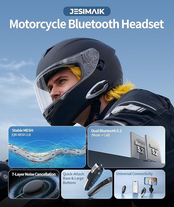 JESIMAIK Motorcycle Helmet Bluetooth Headset, Magnet Helmet Communication System, 10 Riders Mesh Motorcycle Intercom, Multitasking Audio, Music Sharing, Universal Pairing, FM Radio, Black, (2Pack)