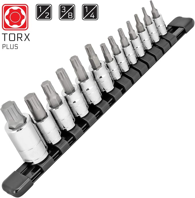 CARBYNE 13-Piece Torx Plus Bit Socket Set, 6 Lobe, TP-8/IP-8 to TP-60/IP-60, S2 Steel Bits, CrV Sockets, 1/4 in. 3/8 in. 1/2 in. Drive, Zinc Phosphate, Genuine Licensed Torx